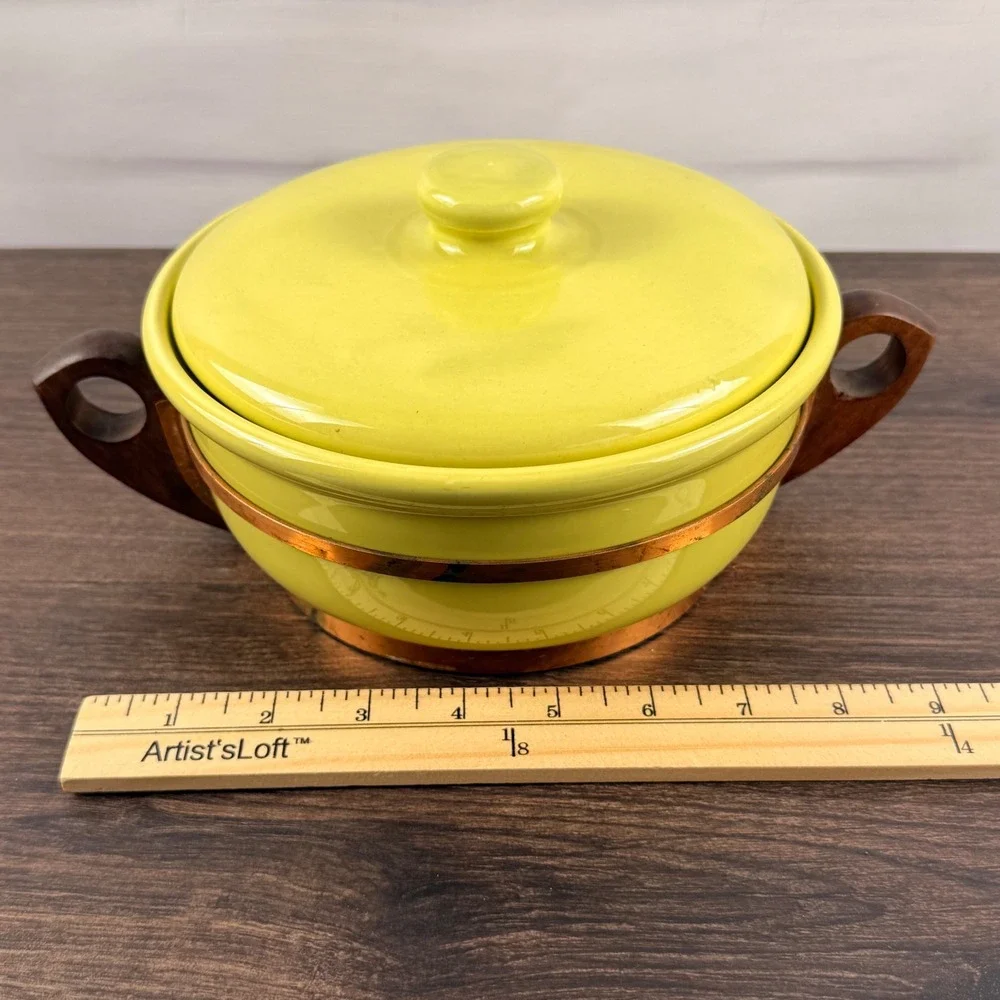Bauer Pottery Chartreuse Casserole Lid Copper Wood Stand California